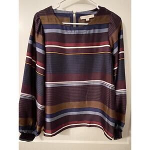 Loft Women’s Navy Blue Yellow Black Striped Top Blouse Size Small Long Sleeve